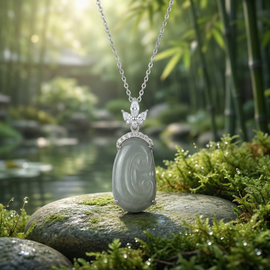 925 Sterling Silver Gray-Green Jade Ruyi Pendant Necklace – Marquise Accent Elegance