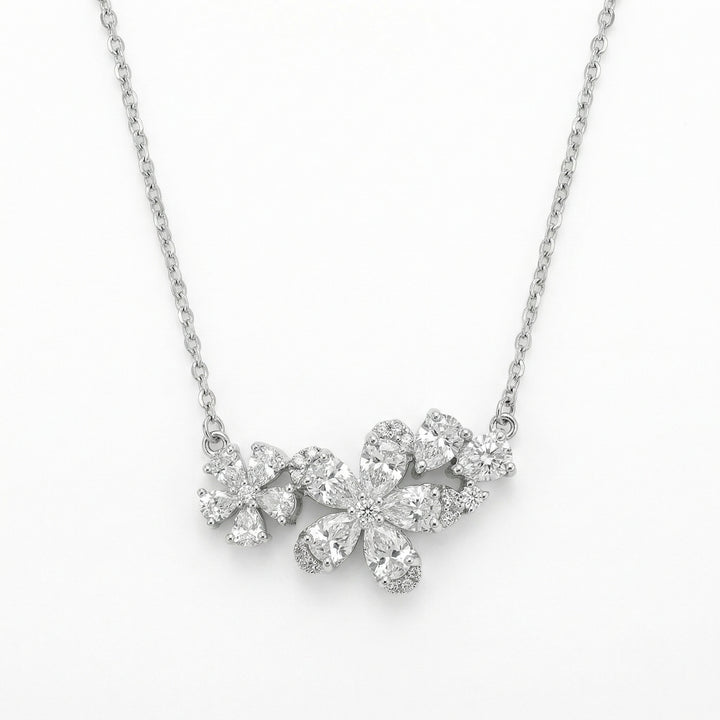 ✨ 925 Sterling Silver Floral Diamond Cluster Necklace
