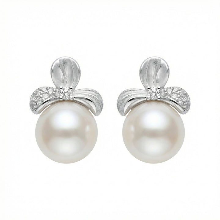 925 Sterling Silver Elegant Floral White Pearl Earrings with Shimmering Diamond-Accented Silver Settings