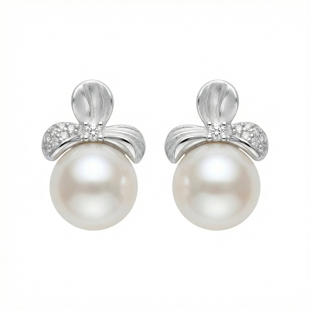 925 Sterling Silver Elegant Floral White Pearl Earrings with Shimmering Diamond-Accented Silver Settings
