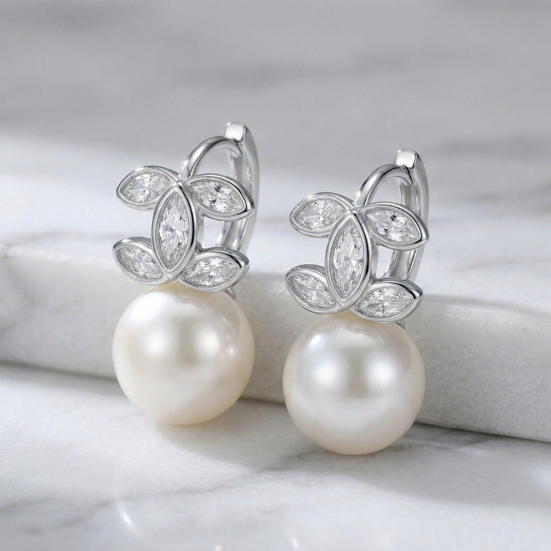 ✨ 925 Sterling Silver Marquise Crystal & Pearl Drop Earrings – Elegant Floral Design ✨