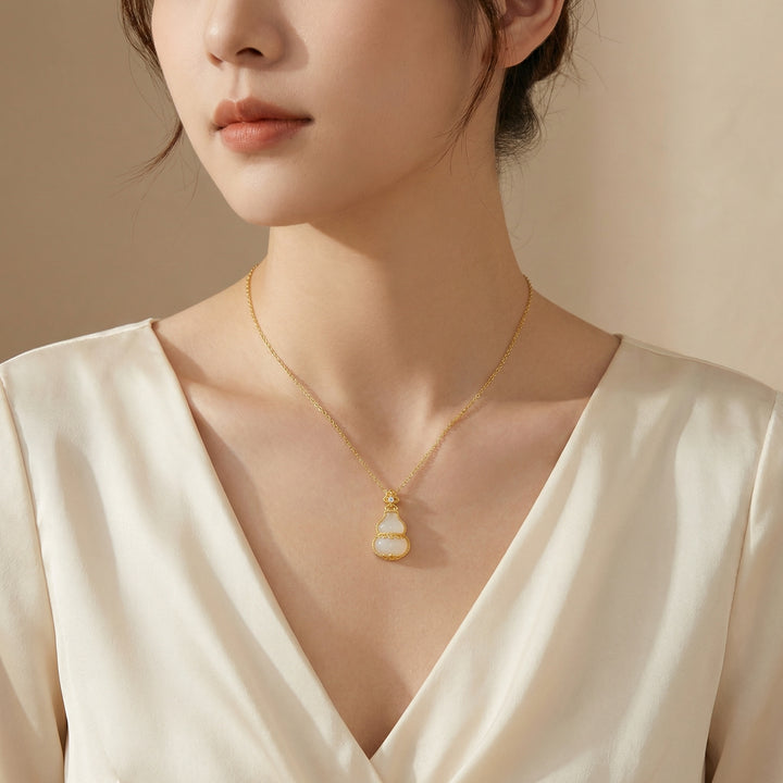 925 Sterling Silver Elegant White Gourd Pendant Necklace with Sparkling Crystal Accent