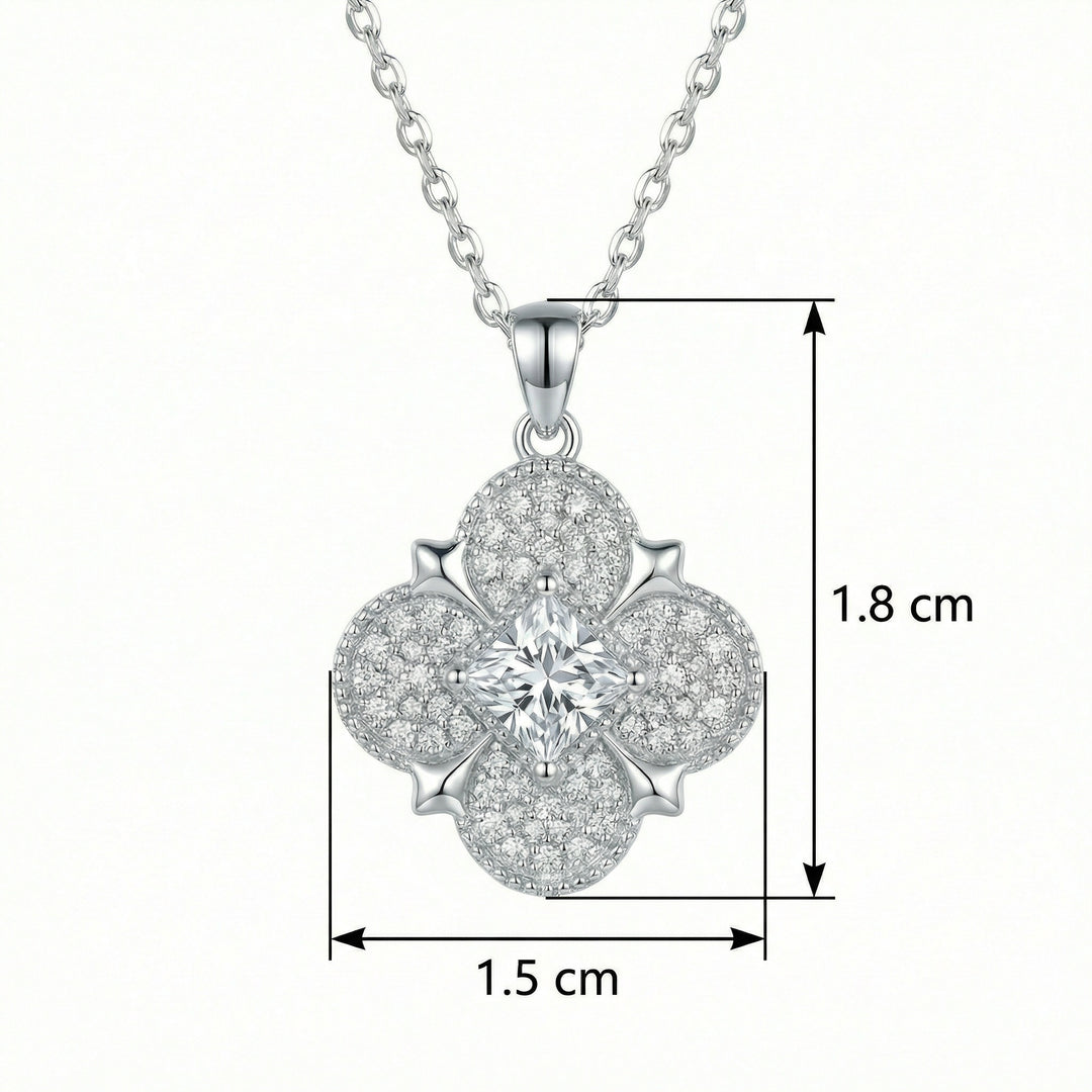 ✨ 925 Sterling Silver Quatrefoil Floral Pendant Necklace with Princess Cut Center Stone ✨