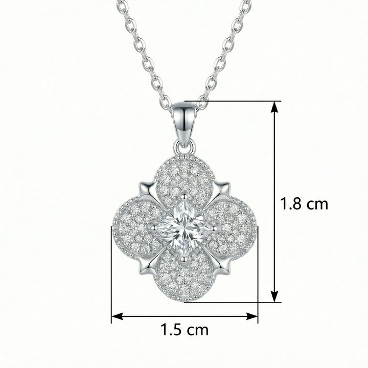 ✨ 925 Sterling Silver Quatrefoil Floral Pendant Necklace with Princess Cut Center Stone ✨