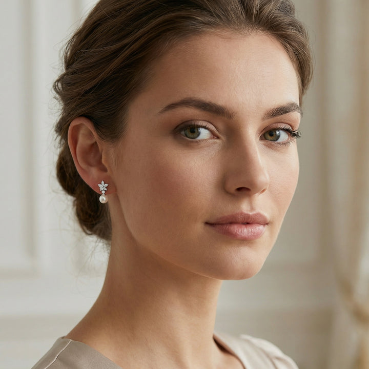 ✨ 925 Sterling Silver White Pearl Drop Earrings with Diamond Floral Accents ✨