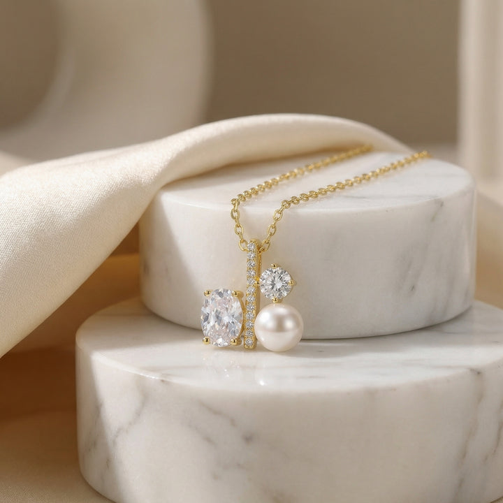 ✨ 925 Sterling Silver Elegant Asymmetrical Pendant Necklace with Pearl & Gemstones ✨
