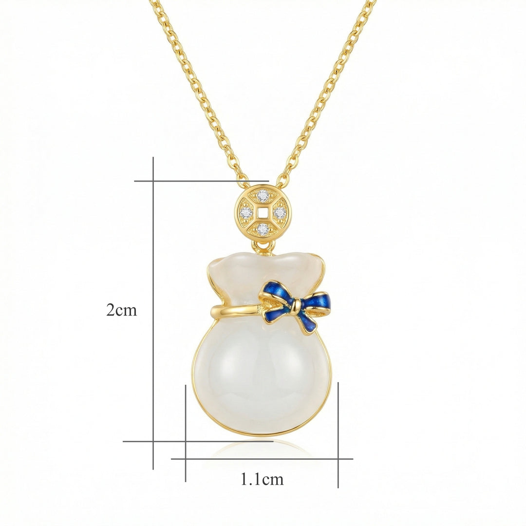 💎 White Jade Money Bag Necklace with Blue Enamel Bow