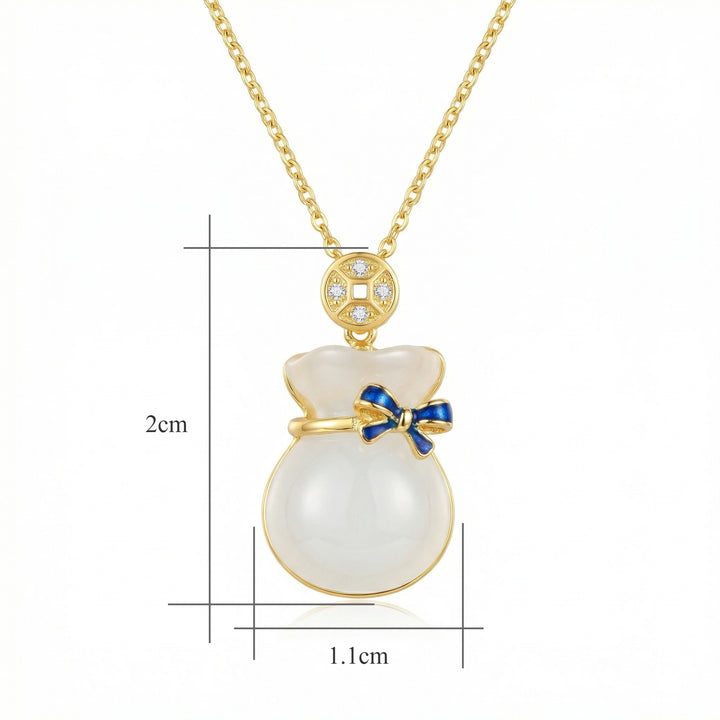 💎 White Jade Money Bag Necklace with Blue Enamel Bow