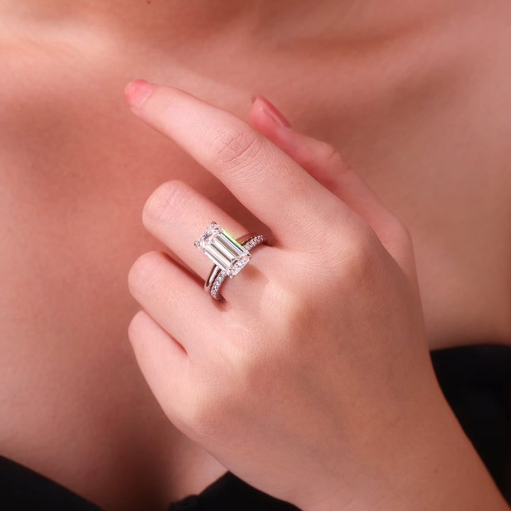 💍 Octagonal Moissanite Double Ring Set – Platinum-Plated S925 Silver (8×14 mm) 💍
