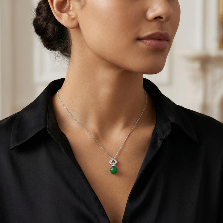 925 Sterling Silver Elegant Green Jade Sphere Pendant Necklace with Heart-Shaped Diamond Accents