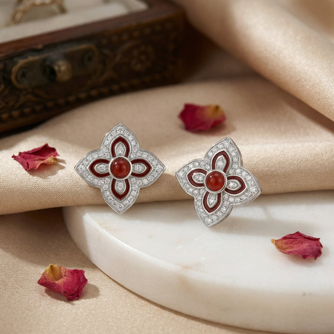 ✨ 925 Sterling Silver Red Carnelian & Diamond Floral Quatrefoil Stud Earrings ✨