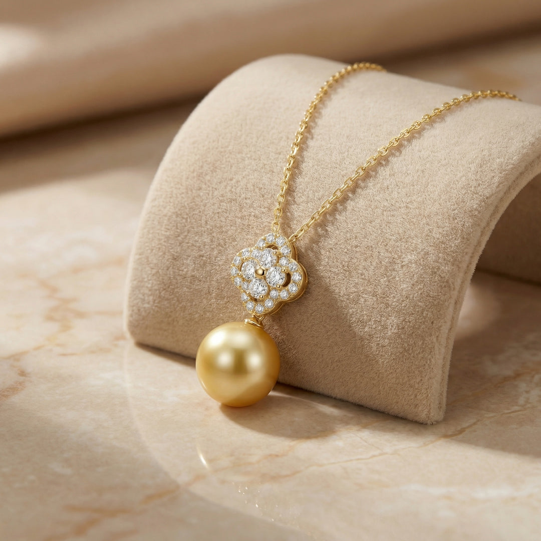 ✨ 925 Sterling Silver Diamond Quatrefoil Necklace with South Sea Pearl ✨