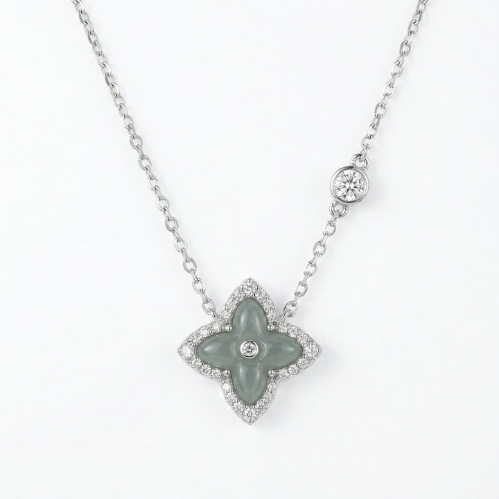 925 Sterling Silver Elegant Quatrefoil Grey Jade and Diamond Halo Pendant Necklace with Bezel-Set Station