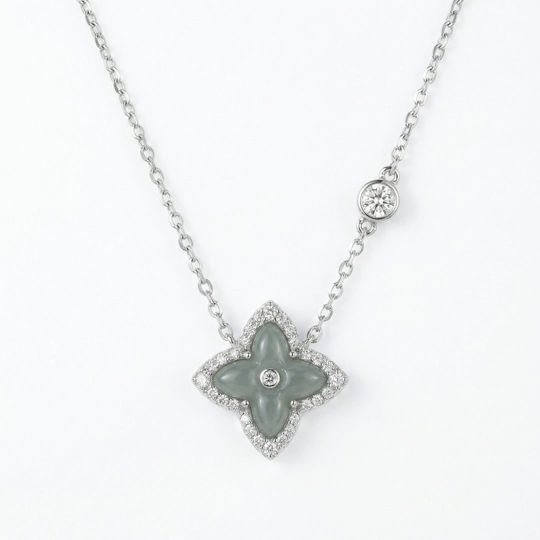 925 Sterling Silver Elegant Quatrefoil Grey Jade and Diamond Halo Pendant Necklace with Bezel-Set Station