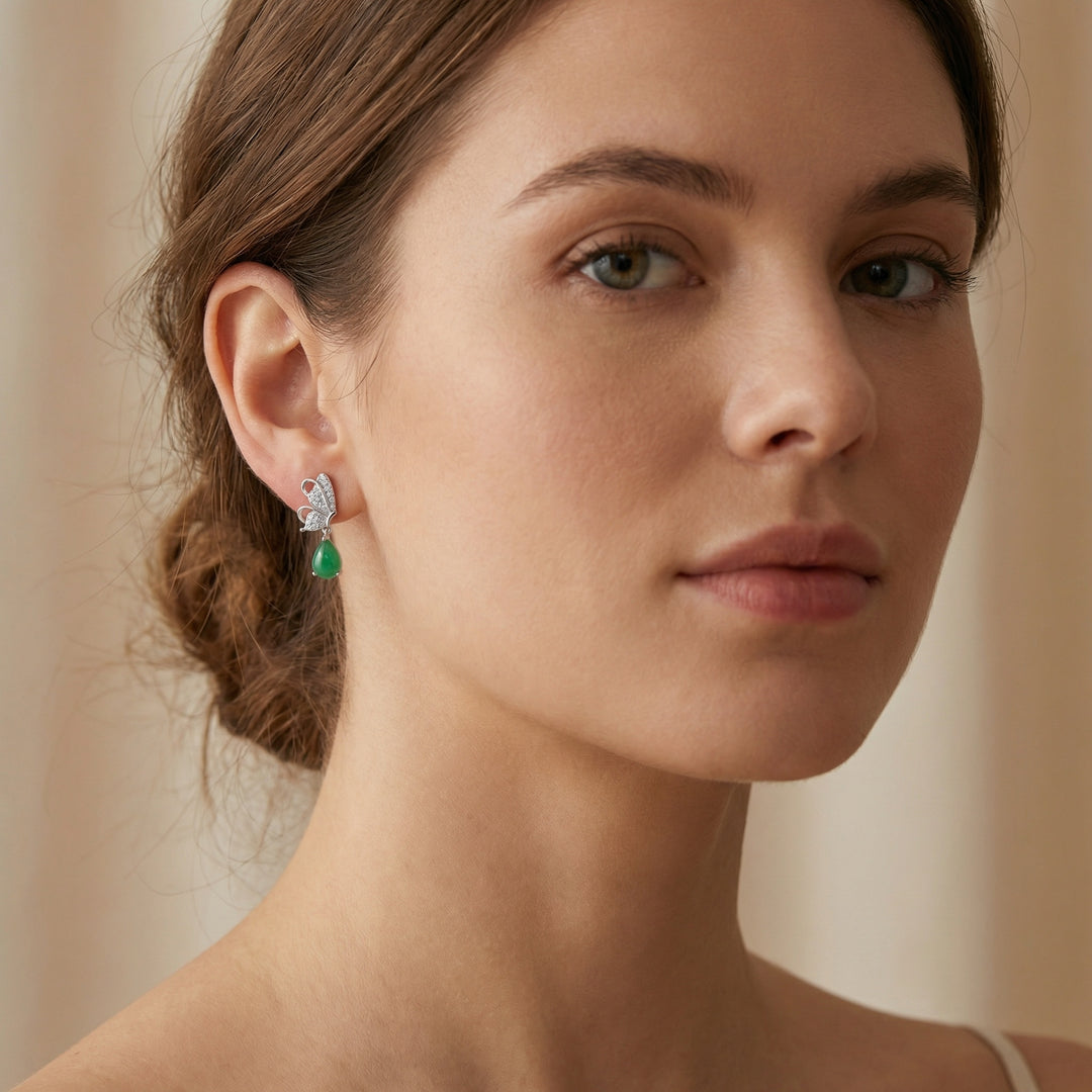 925 Sterling Silver Elegant Butterfly Drop Earrings with Green Teardrop Gemstones