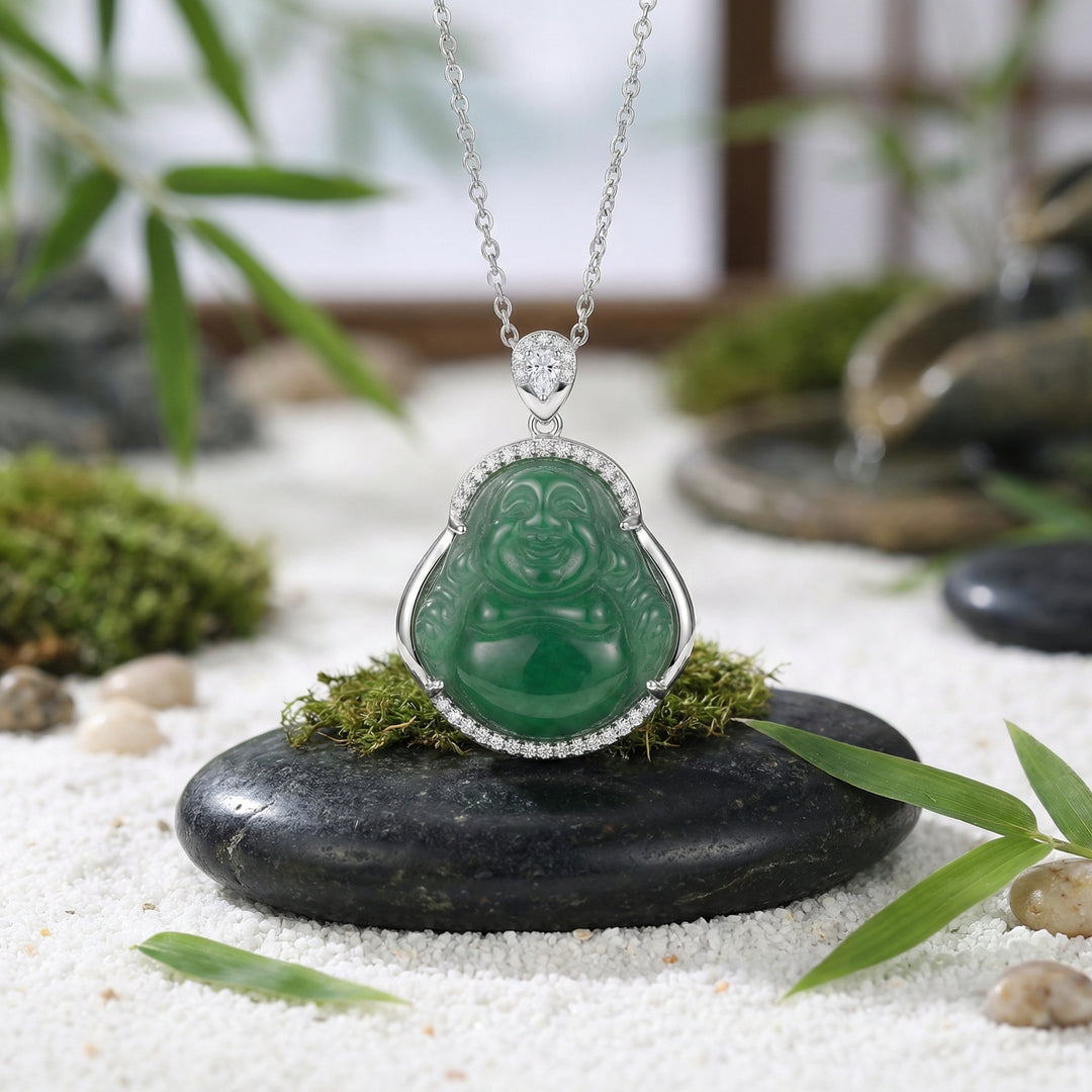 925 Sterling Silver Green Jade Laughing Buddha Necklace – Elegant Pendant with Timeless Charm