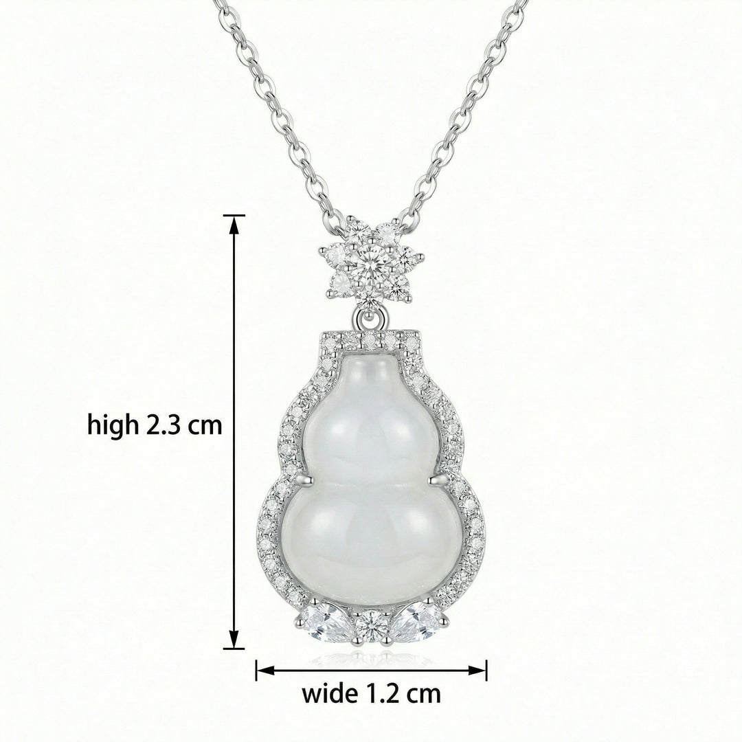925 Sterling Silver Elegant White Jade Gourd Pendant Necklace with Sparkling Crystal Accents
