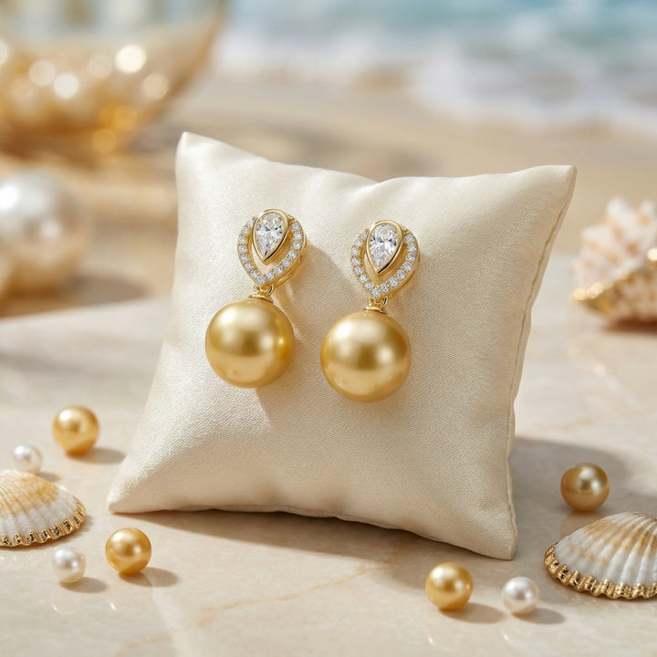 ✨ 925 Sterling Silver South Sea Pearl Teardrop Earrings with Diamond Halo Accents ✨
