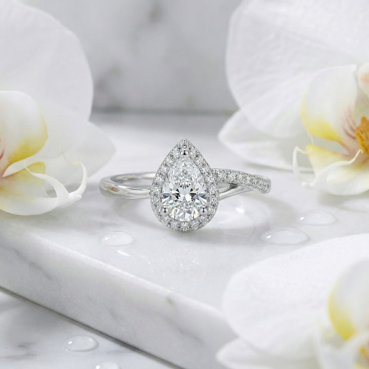 925 Sterling Silver Pear-Shaped Halo Engagement Ring with Bypass Pavé Shank