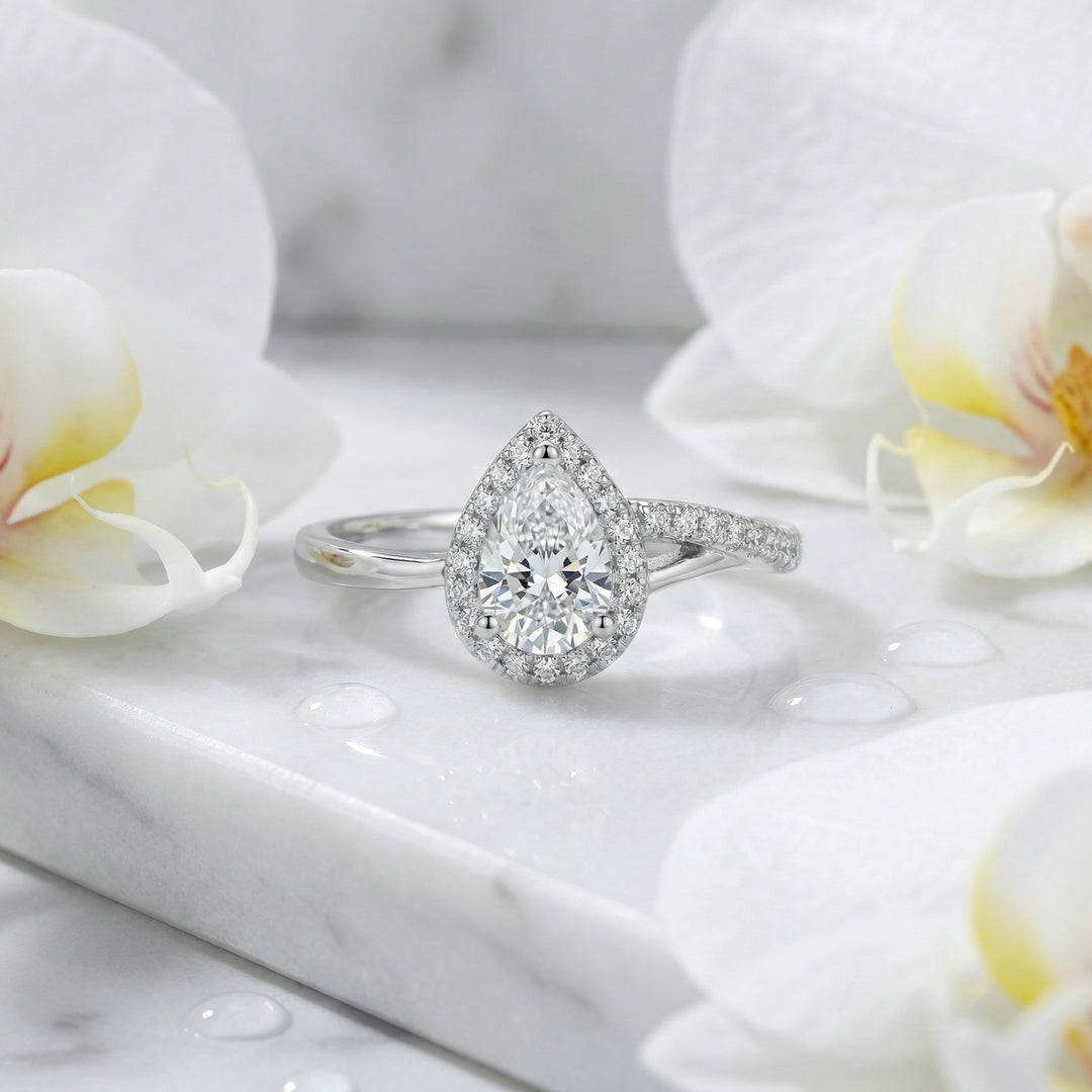 925 Sterling Silver Pear-Shaped Halo Engagement Ring with Bypass Pavé Shank