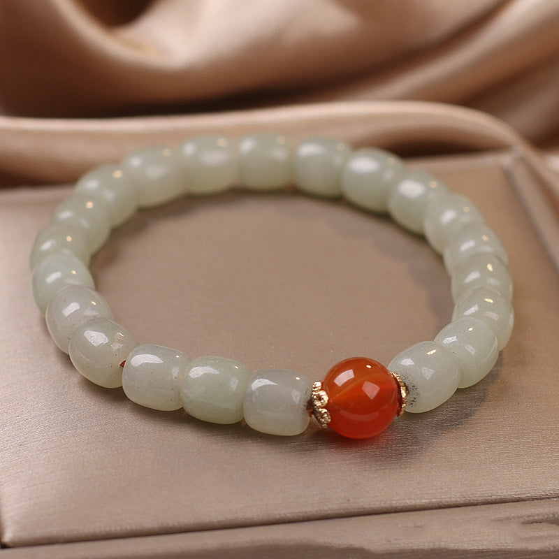 Ethnic Style Lucky Hetian Jade Barrel Bead Bracelet – Women's Green Charm
