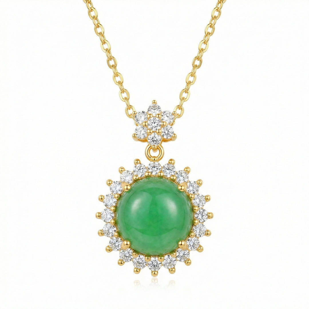✨ 925 Sterling Silver Elegant Jadeite Cabochon Halo Pendant Necklace with Floral Accents ✨