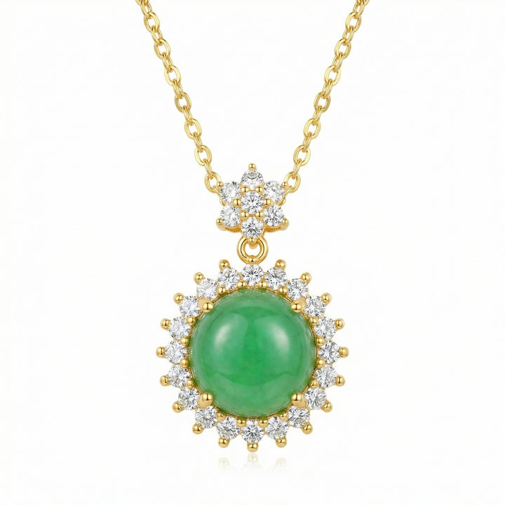 ✨ 925 Sterling Silver Elegant Jadeite Cabochon Halo Pendant Necklace with Floral Accents ✨