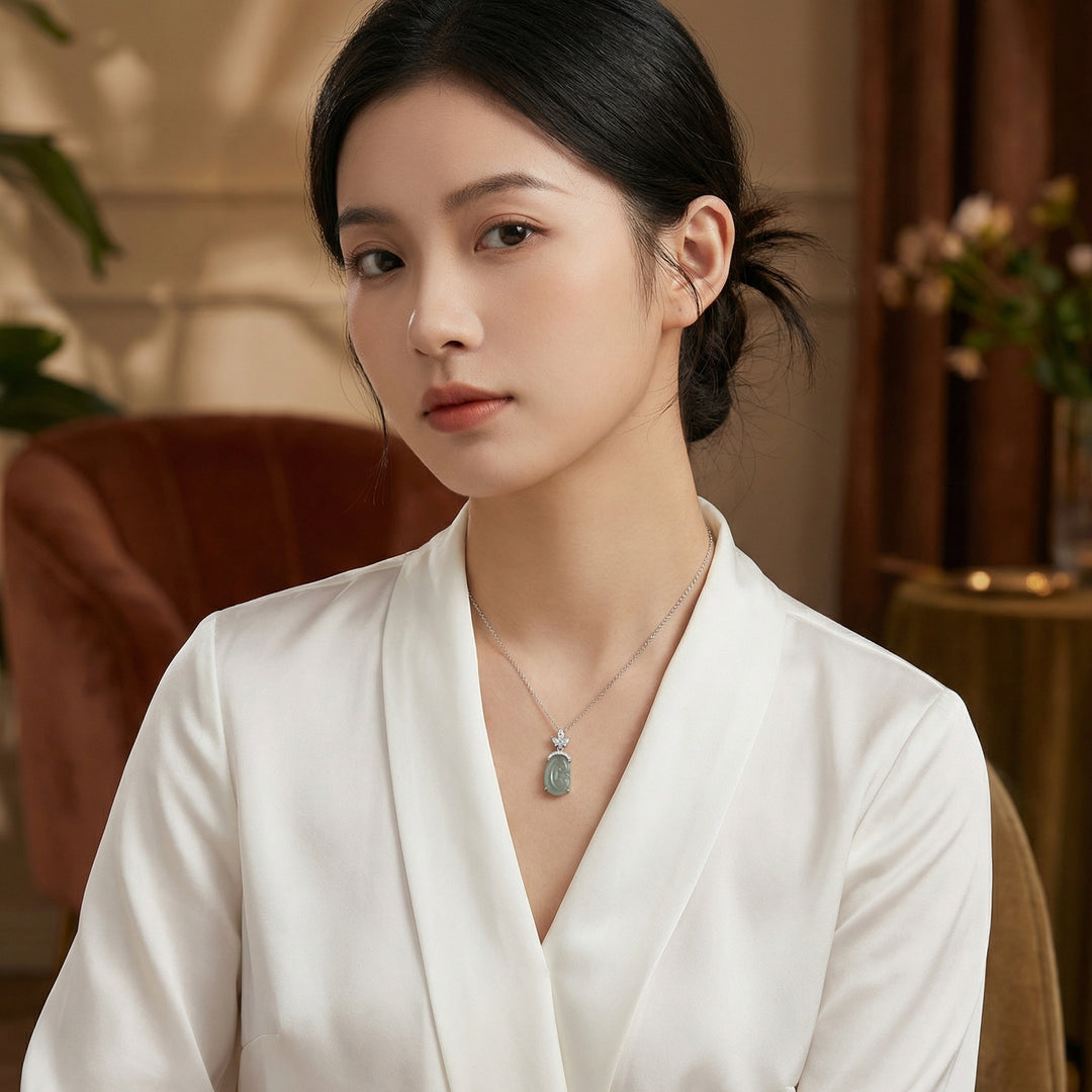 925 Sterling Silver Gray-Green Jade Ruyi Pendant Necklace – Marquise Accent Elegance