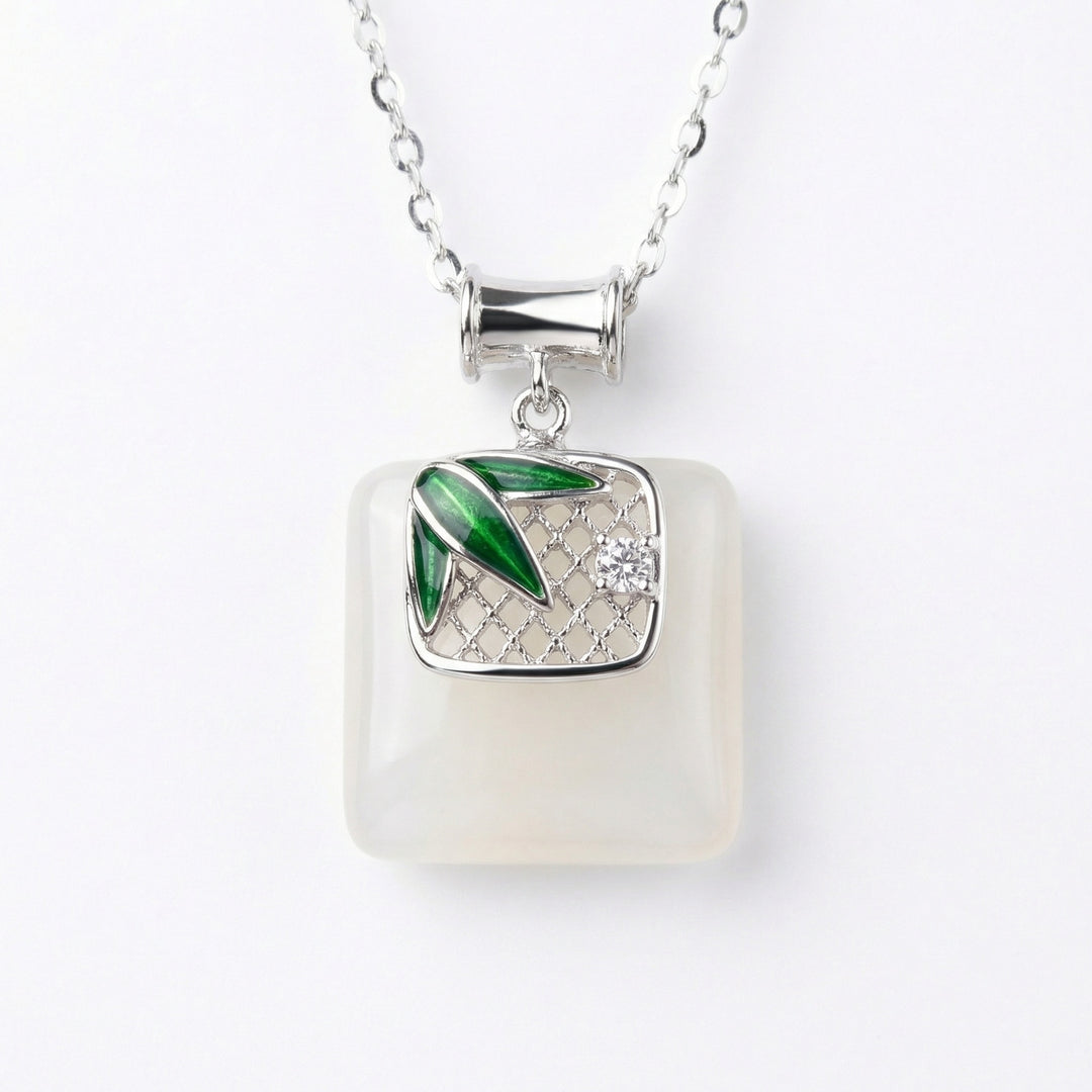 925 Sterling Silver Bamboo Pendant Necklace – Square White Gemstone with Sparkling Accent