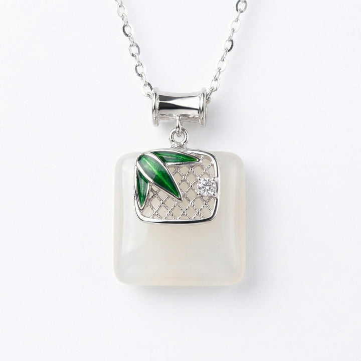 925 Sterling Silver Bamboo Pendant Necklace – Square White Gemstone with Sparkling Accent
