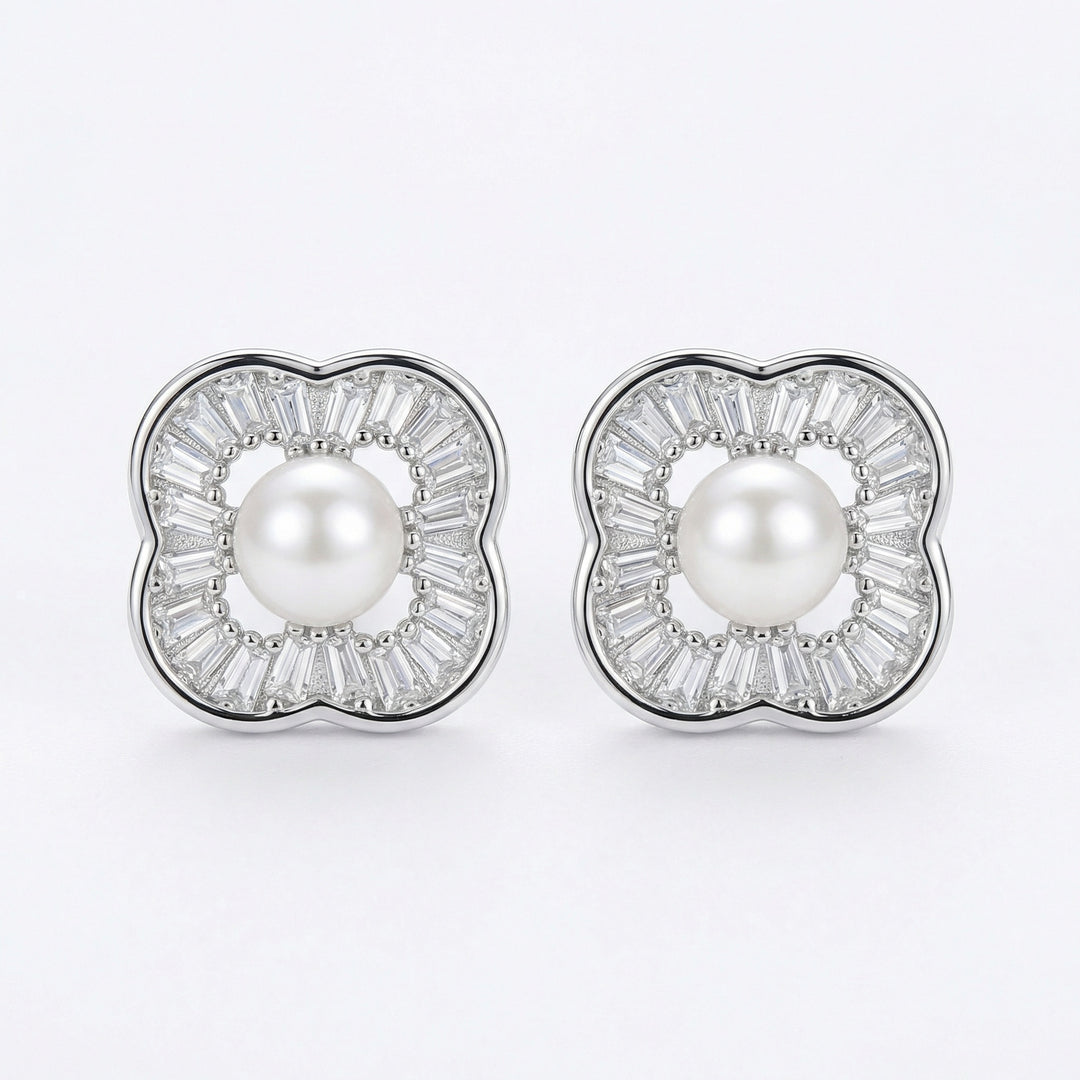 ✨ 925 Sterling Silver White Pearl & Baguette Zirconia Four-Leaf Clover Stud Earrings ✨