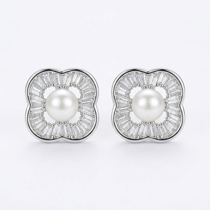✨ 925 Sterling Silver White Pearl & Baguette Zirconia Four-Leaf Clover Stud Earrings ✨
