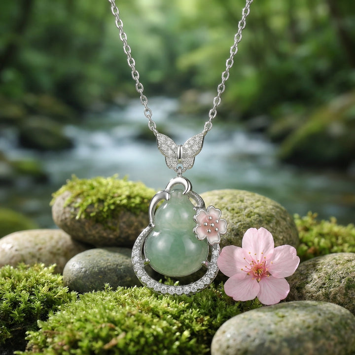 925 Sterling Silver Green Jade Gourd Necklace – Butterfly Bail & Pink Blossom Pendant
