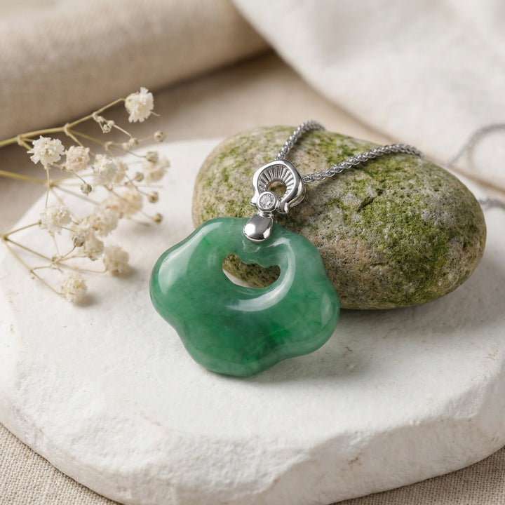 925 Sterling Silver Green Jade Longevity Lock Pendant Necklace – Diamond Accent Elegance