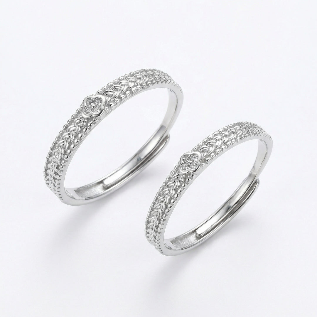 925 Sterling Silver Elegant Adjustable Couple Rings with Braided Texture & Clover Charms