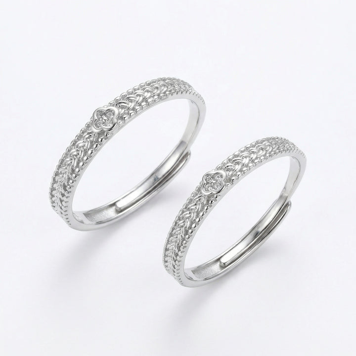 925 Sterling Silver Elegant Adjustable Couple Rings with Braided Texture & Clover Charms