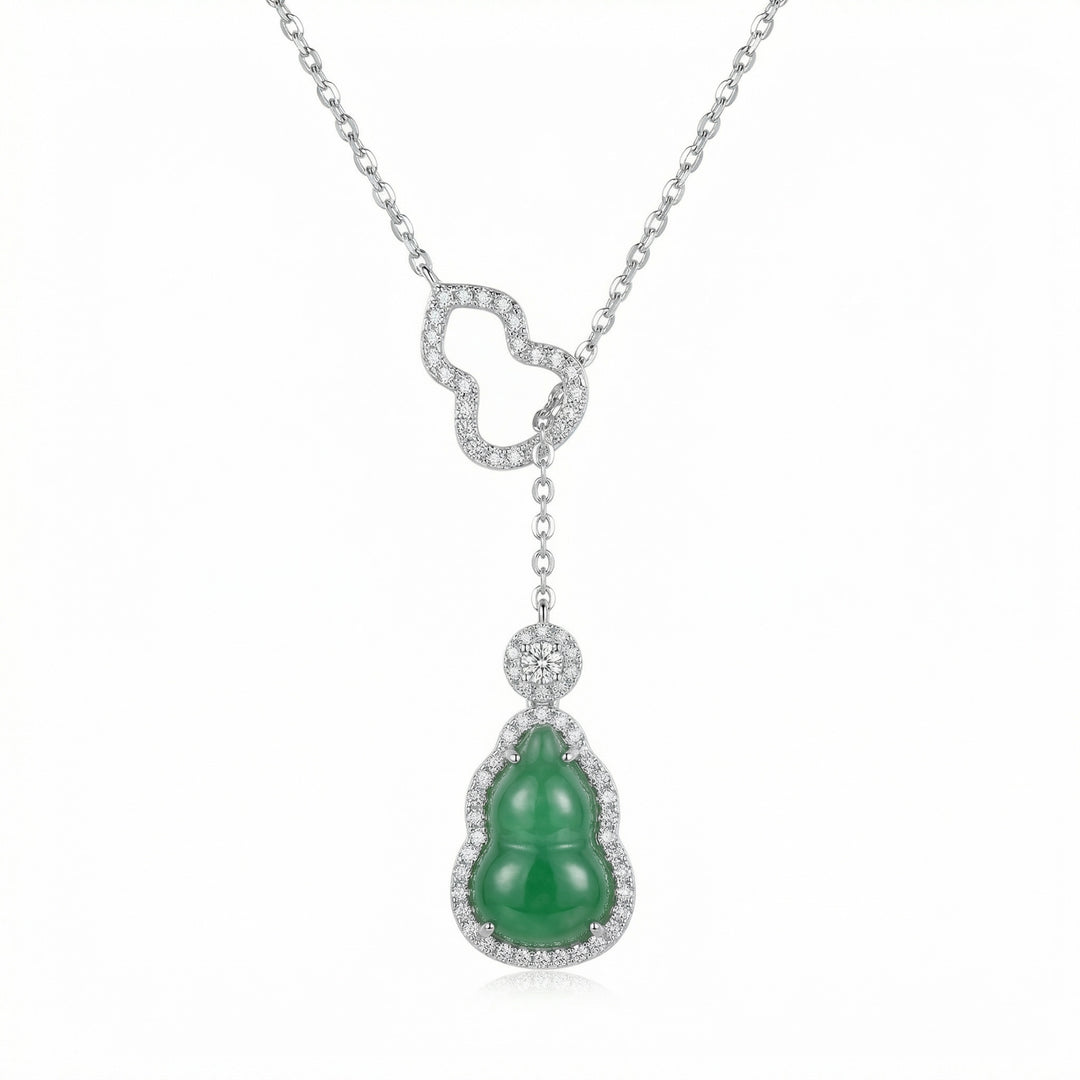 925 Sterling Silver Green Jadeite & Diamond Wulu Pendant Necklace – Polished White Finish