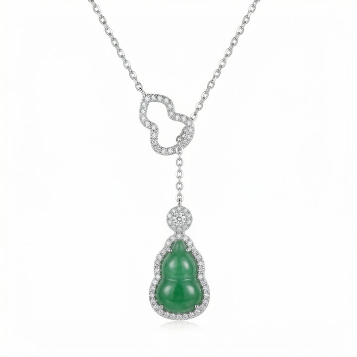925 Sterling Silver Green Jadeite & Diamond Wulu Pendant Necklace – Polished White Finish