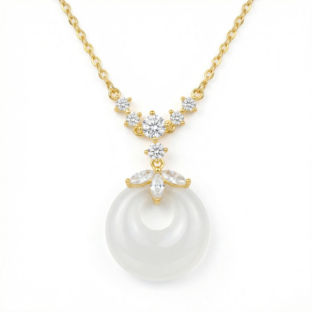 💎 925 Sterling Silver White Jade Donut Necklace – Floral Gemstone Accents 💎