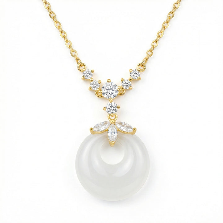 💎 925 Sterling Silver White Jade Donut Necklace – Floral Gemstone Accents 💎