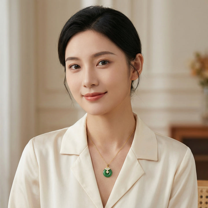 ✨ 925 Sterling Silver Elegant Green Jade Pi Disc Pendant Necklace with Ornate Sparkling Ruyi Motif ✨