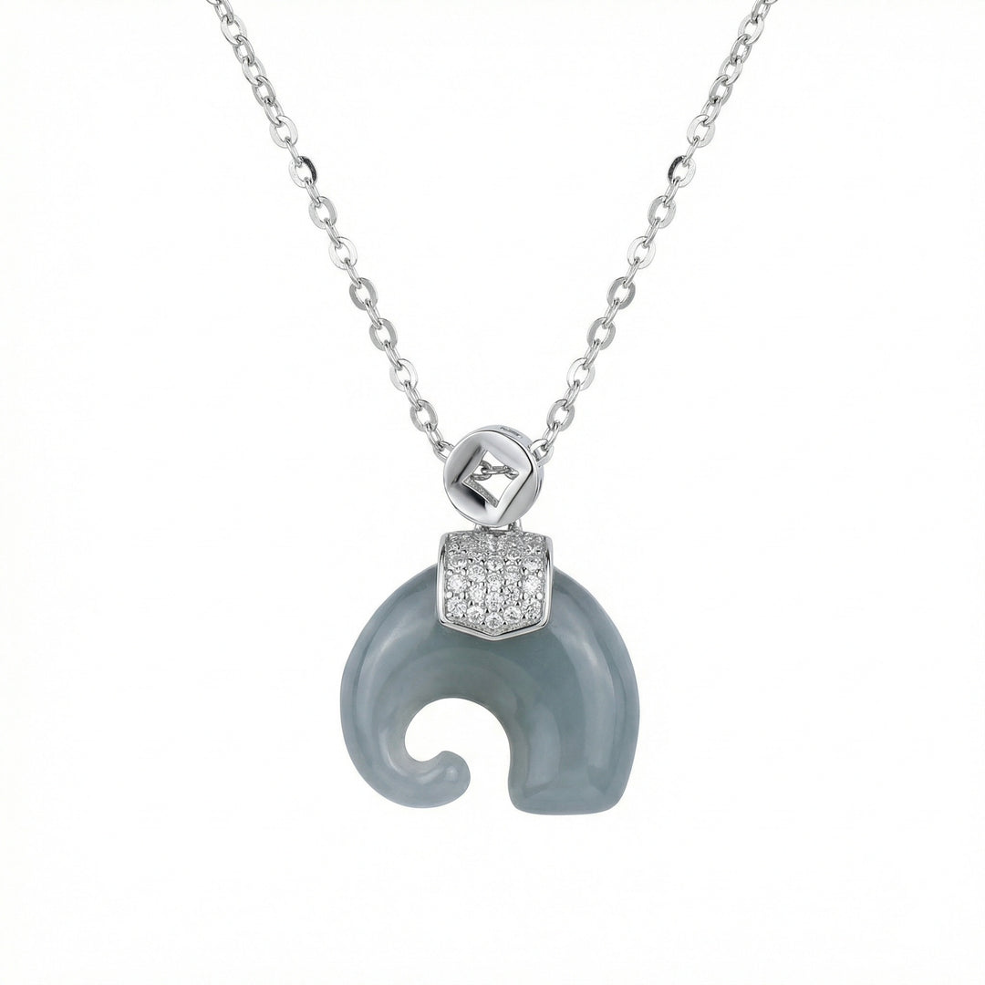 925 Sterling Silver Grey Jade Elephant Pendant Necklace with Sparkling Accents
