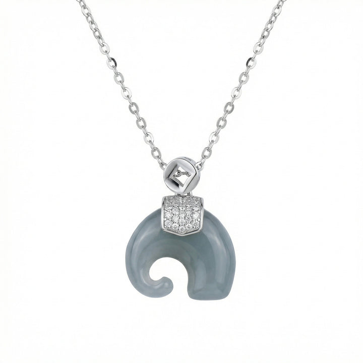 925 Sterling Silver Grey Jade Elephant Pendant Necklace with Sparkling Accents