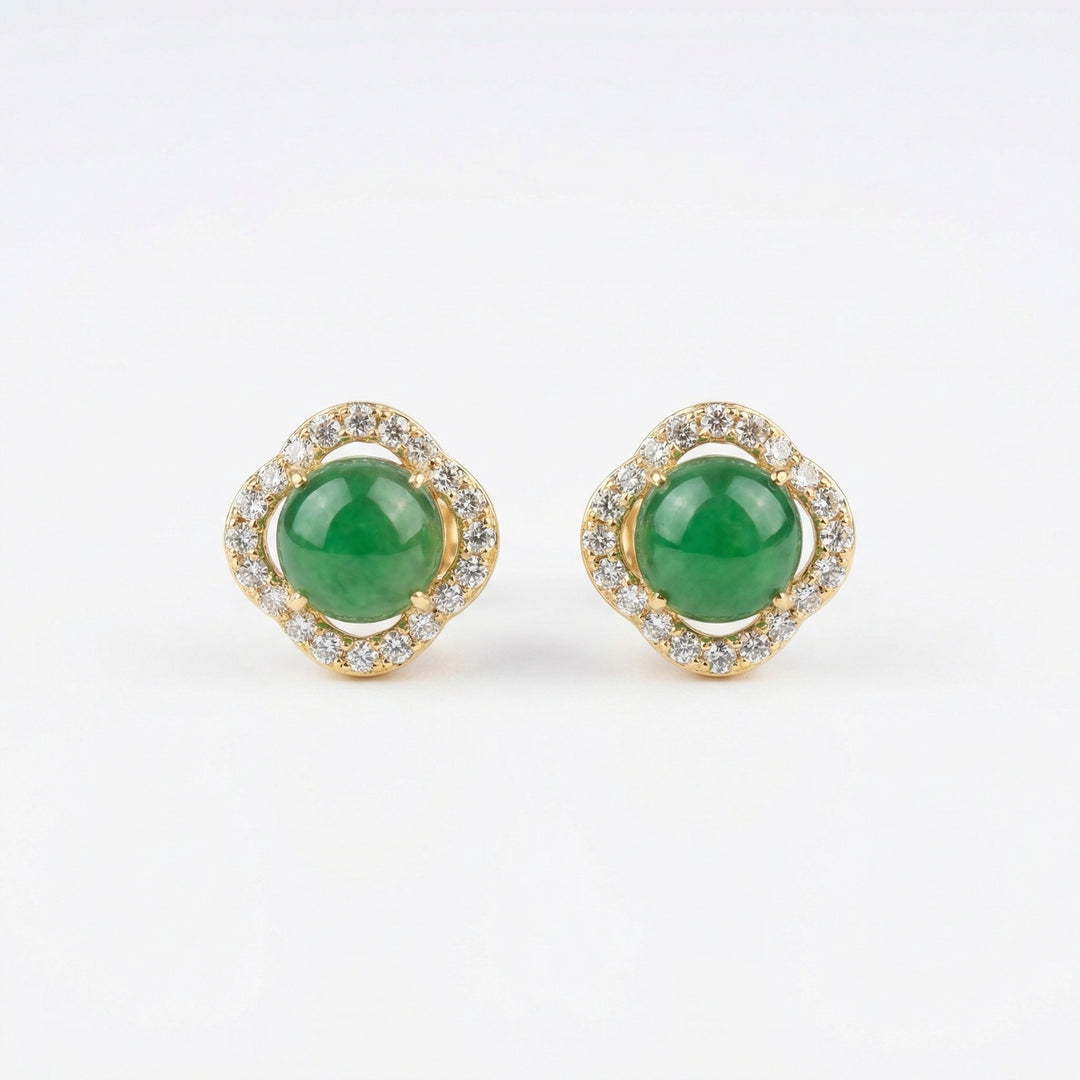 925 Sterling Silver Scalloped Green Jade Cabochon Earrings with Diamond Halo