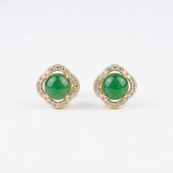 925 Sterling Silver Scalloped Green Jade Cabochon Earrings with Diamond Halo