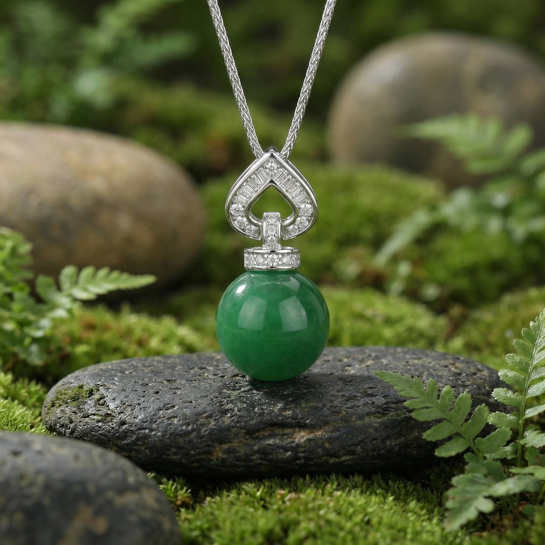 925 Sterling Silver Elegant Green Jade Sphere Pendant Necklace with Heart-Shaped Diamond Accents