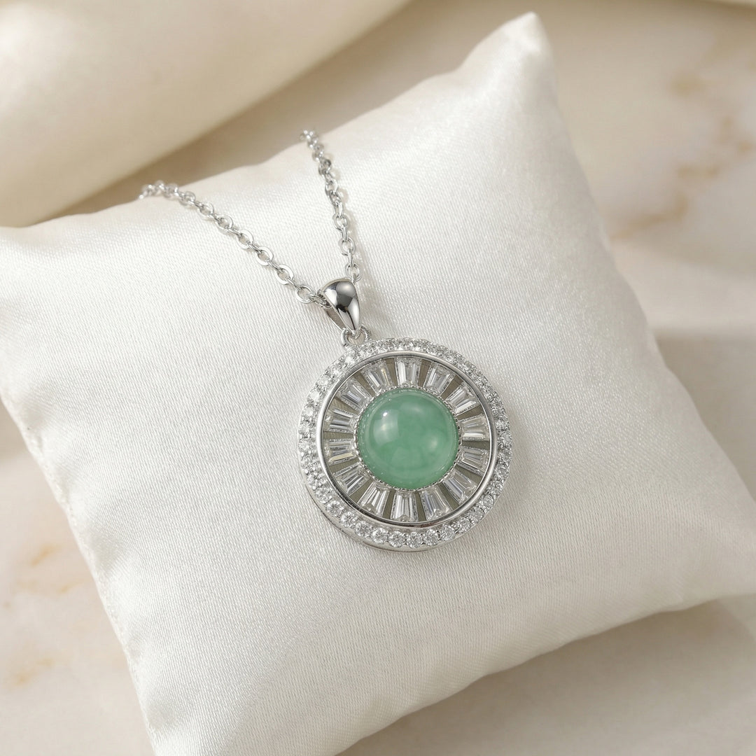 925 Sterling Silver Elegant Round Green Jade Cabochon Pendant Necklace with Sparkling Accents