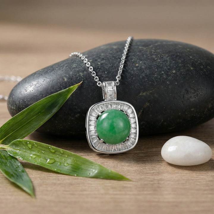 925 Sterling Silver Round Green Jade Pendant Necklace – Baguette-Cut Diamond Halo