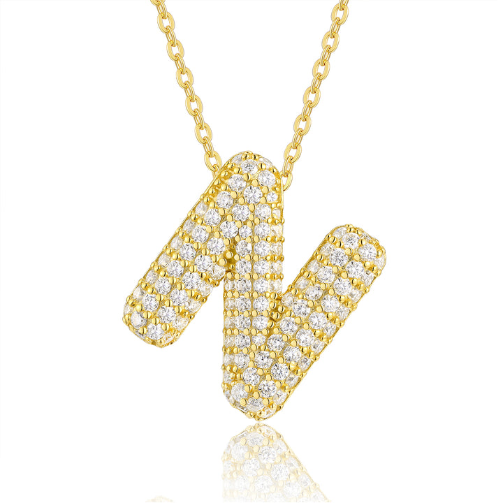 💎 Bubble Letter “N” Moissanite Pendant Necklace – Gold-Plated S925 Silver (8g) 💎