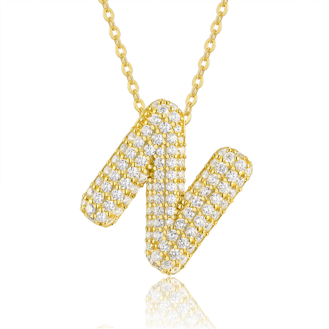 💎 Bubble Letter “N” Moissanite Pendant Necklace – Gold-Plated S925 Silver (8g) 💎